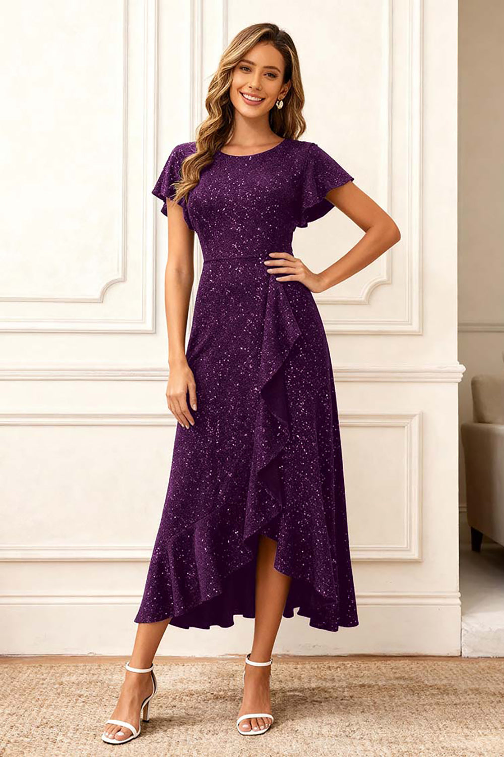 Black Round Neck Midi Glitter Holiday Party Dress with Sleeves