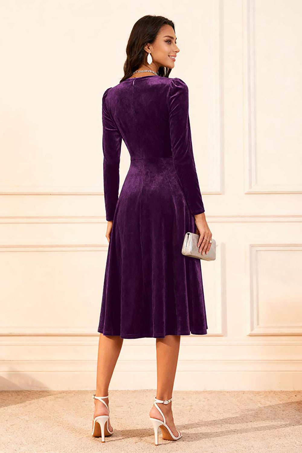 Dark Green A Line Velvet Midi Glitter Holiday Party Dress with Sleeves