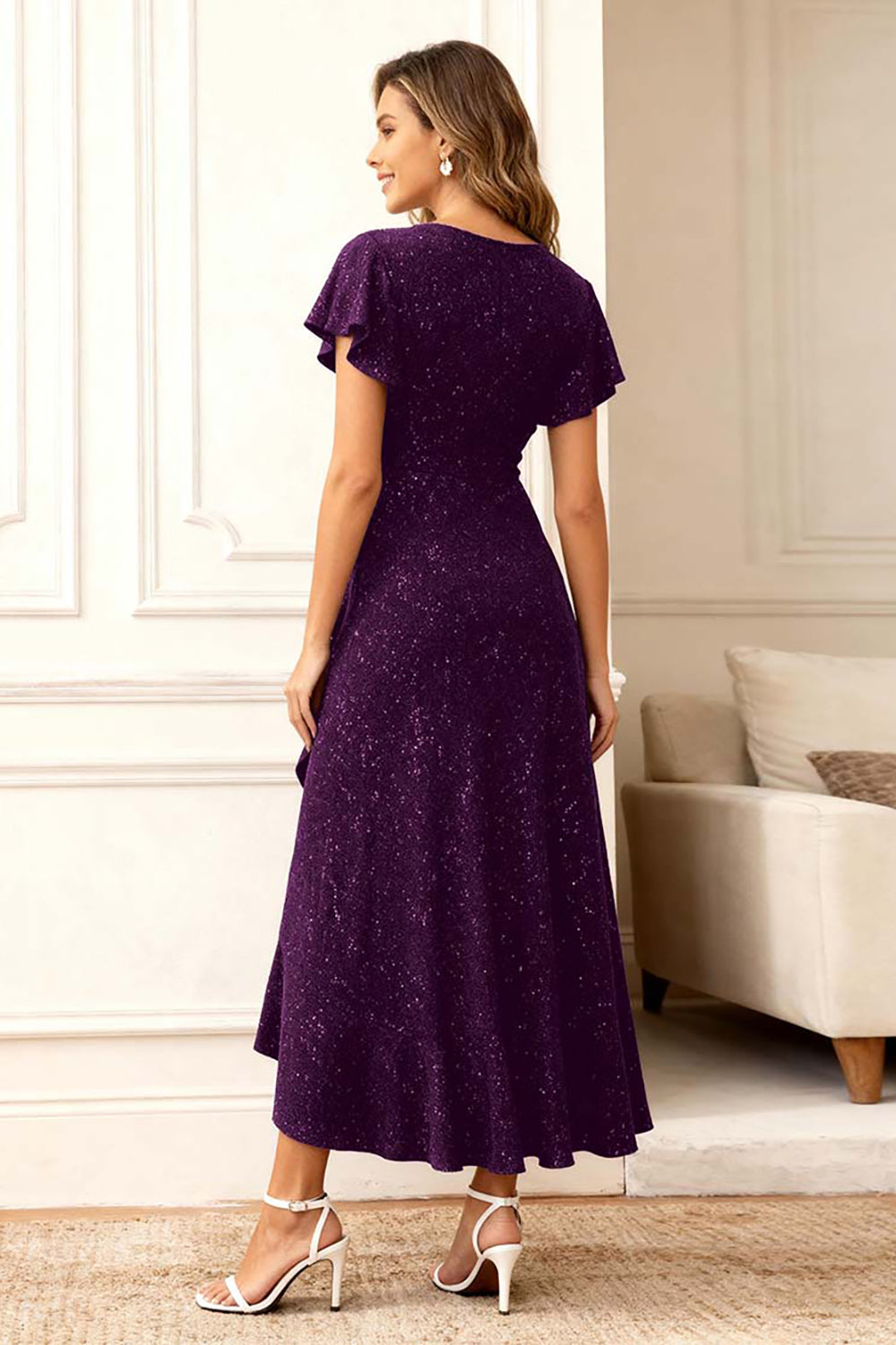 Black Round Neck Midi Glitter Holiday Party Dress with Sleeves