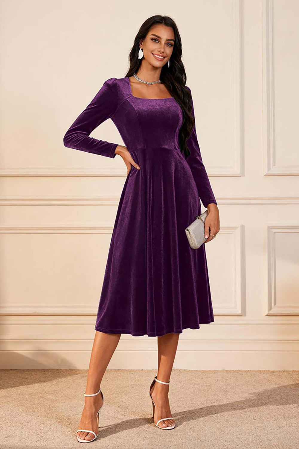 Dark Green A Line Velvet Midi Glitter Holiday Party Dress with Sleeves