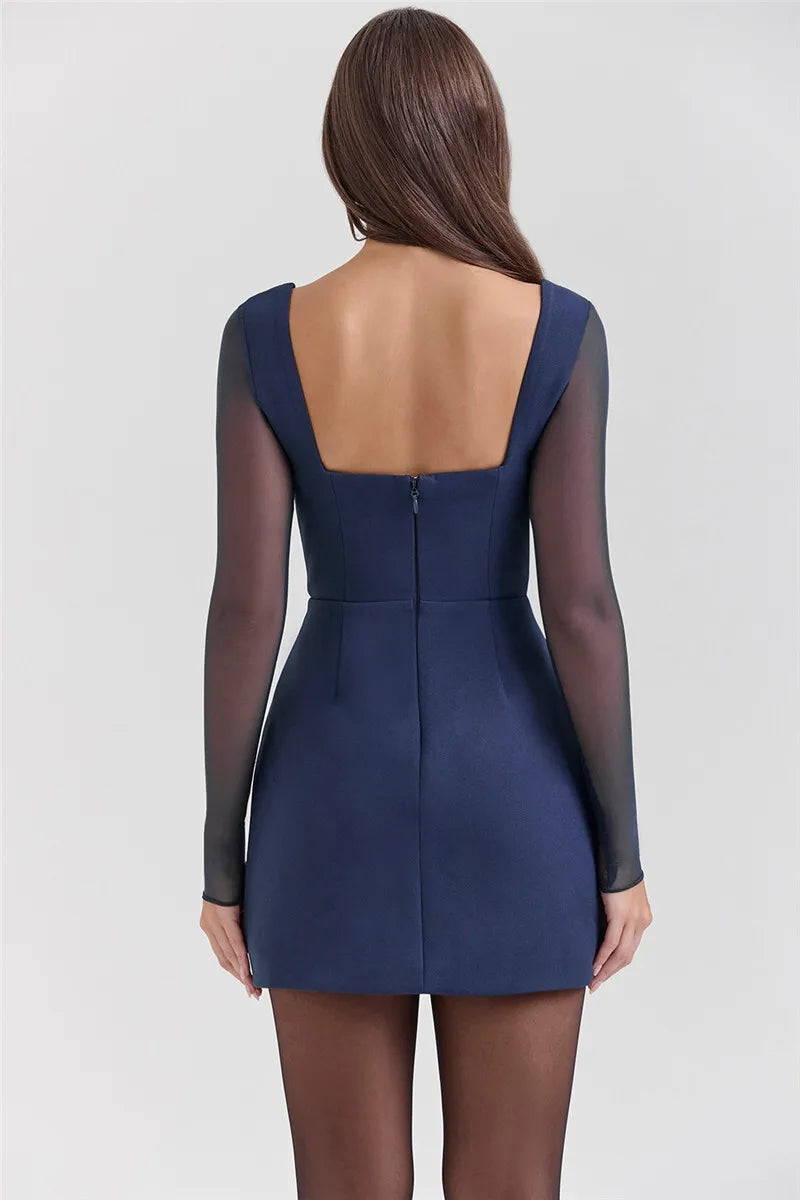 Plunge Neck Mesh Long Sleeve Corset Bodycon Mini Dress - View 2