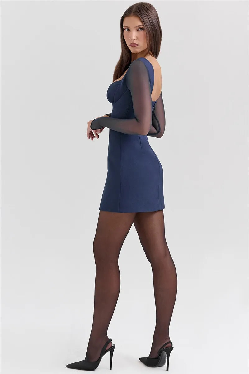 Plunge Neck Mesh Long Sleeve Corset Bodycon Mini Dress - View 5