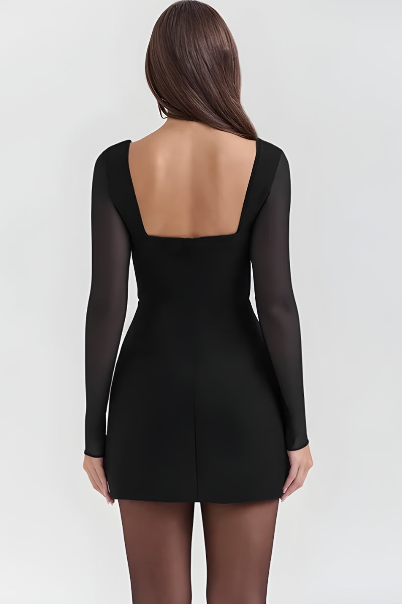 Plunge Neck Mesh Long Sleeve Corset Bodycon Mini Dress - View 8