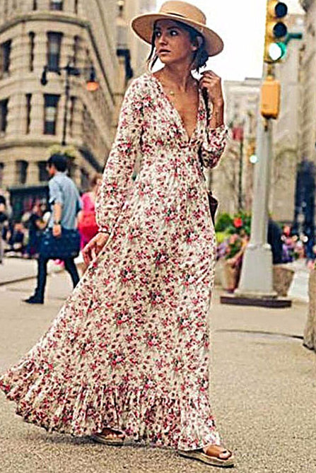 Plunging Long Sleeve Floral Maxi Dress Fashionpara