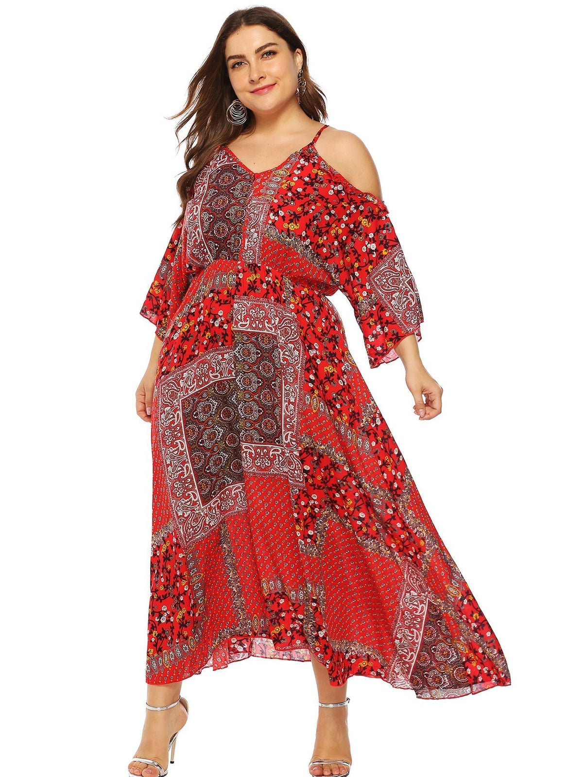 Paisley Cold Shoulder Flutter Sleeve Maxi Dress