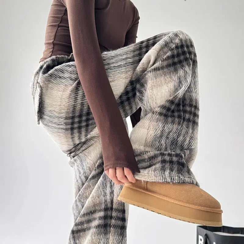 Plaid Fleece High Waist Casual Pants