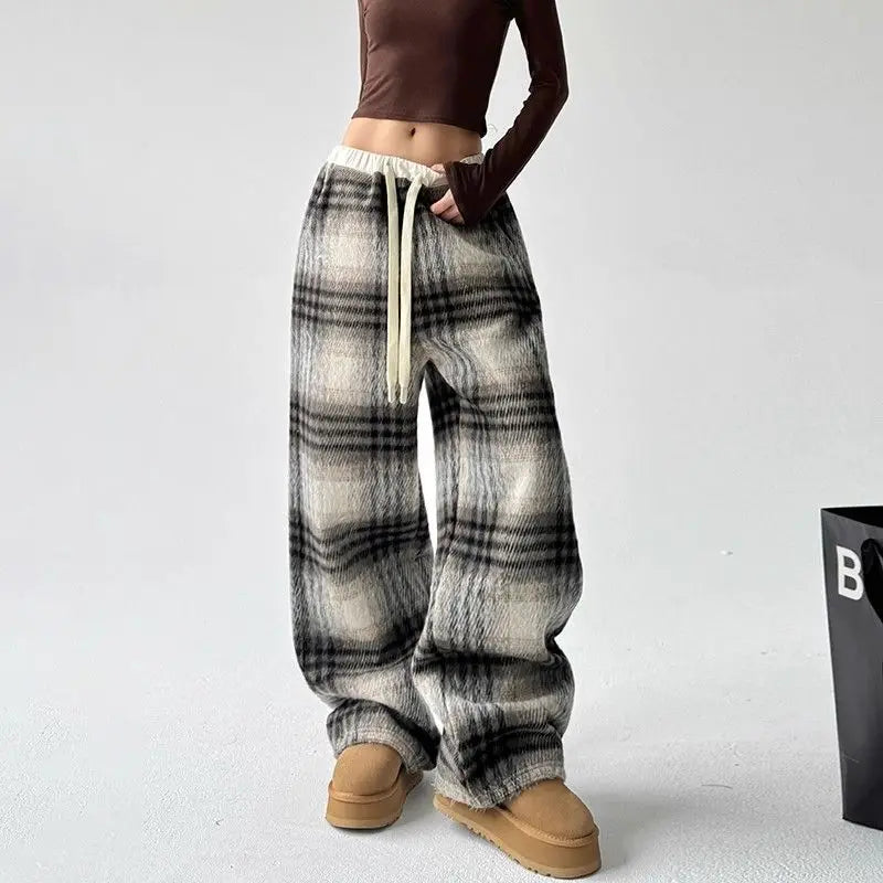 Plaid Fleece High Waist Casual Pants