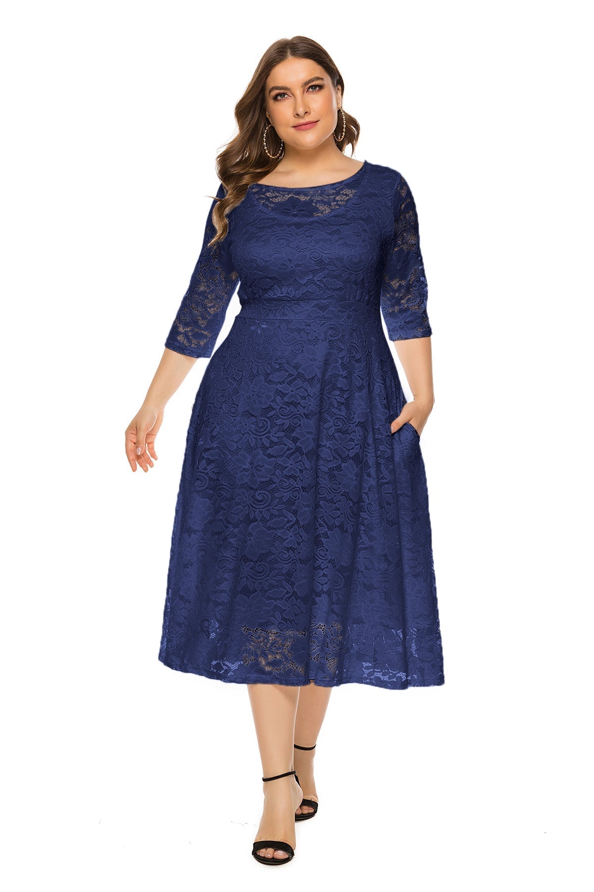 Lace Round Neck Half Sleeve Fit & Flare Midi Dress