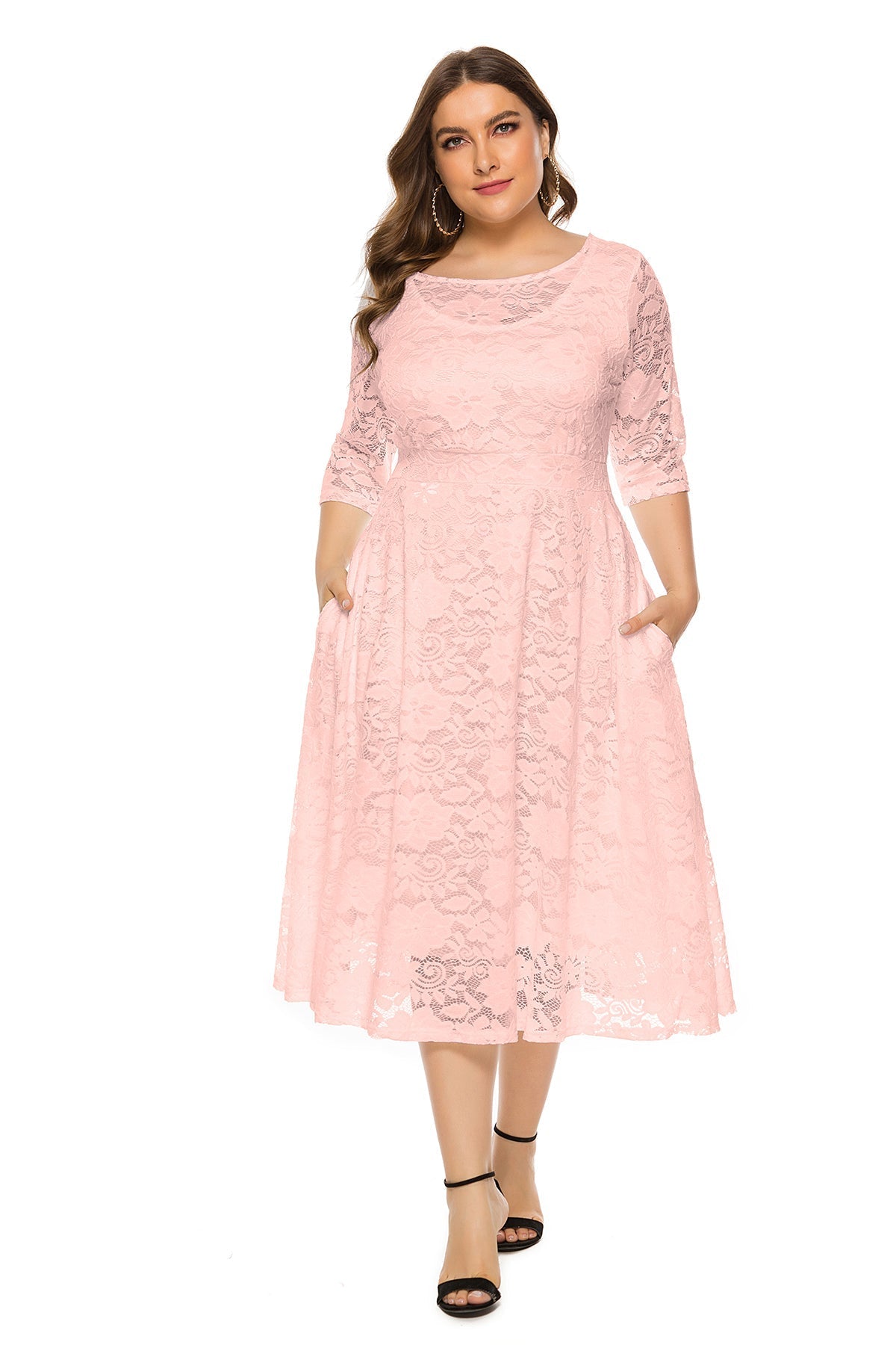 Lace Round Neck Half Sleeve Fit & Flare Midi Dress
