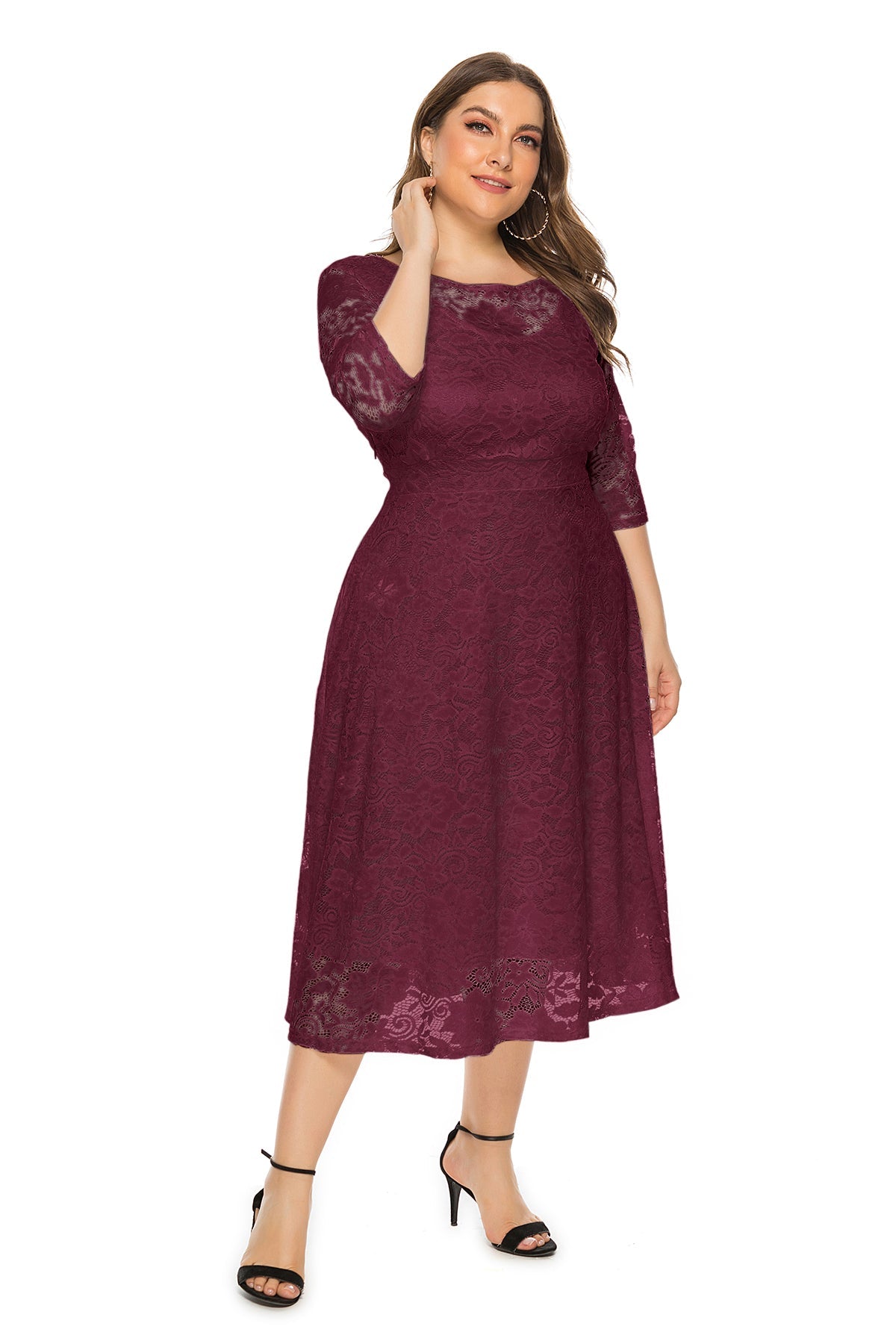 Lace Round Neck Half Sleeve Fit & Flare Midi Dress