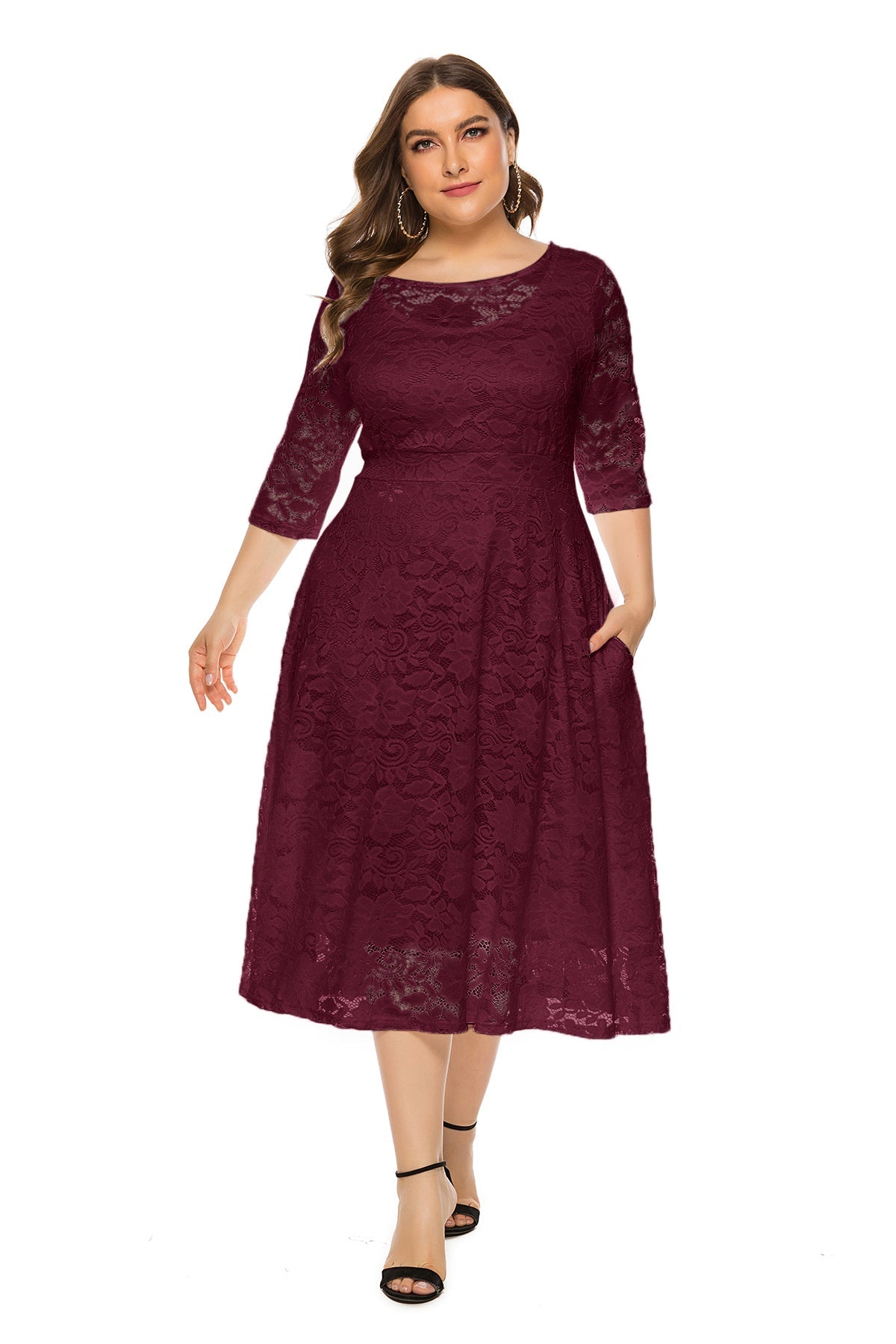 Lace Overlay Boat Neck Three Quarter Sleeve Pocket Midi Dress
