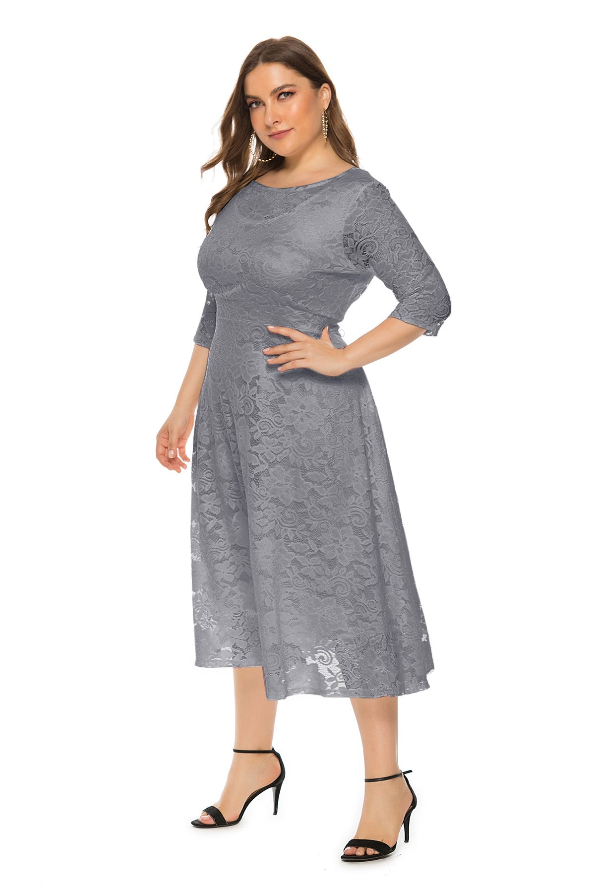 Lace Round Neck Half Sleeve Fit & Flare Midi Dress
