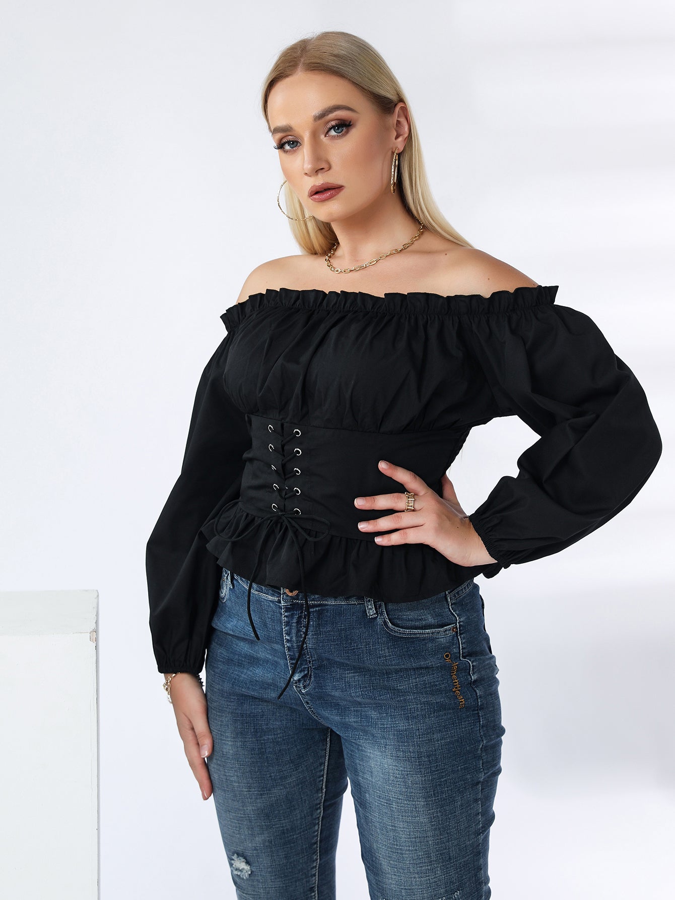 Plus Off Shoulder Lace Up Ruffle Hem Peplum Blouse - Fashionpara