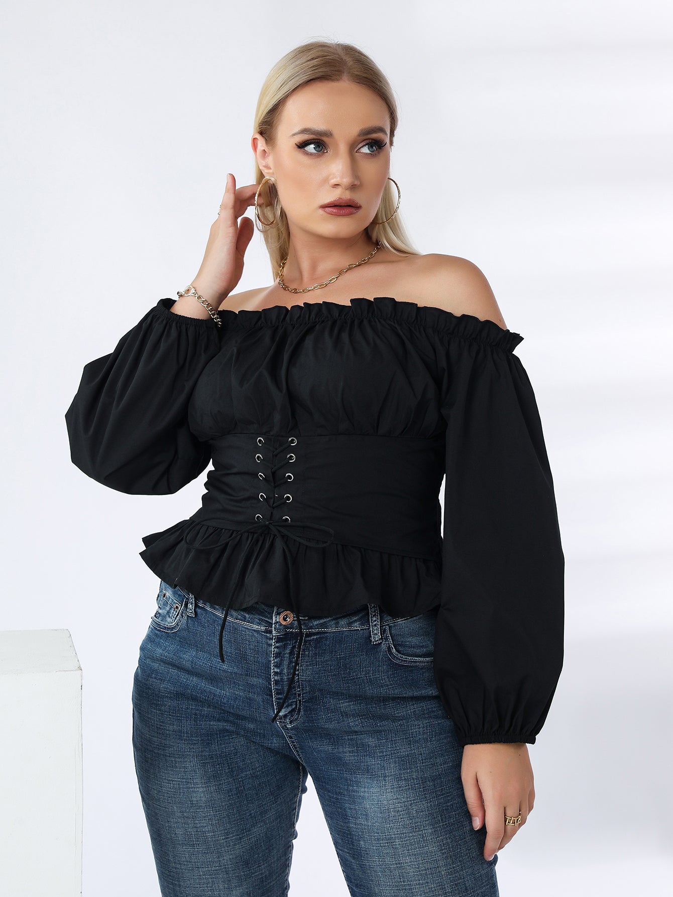 Plus Off Shoulder Lace Up Ruffle Hem Peplum Blouse - Fashionpara