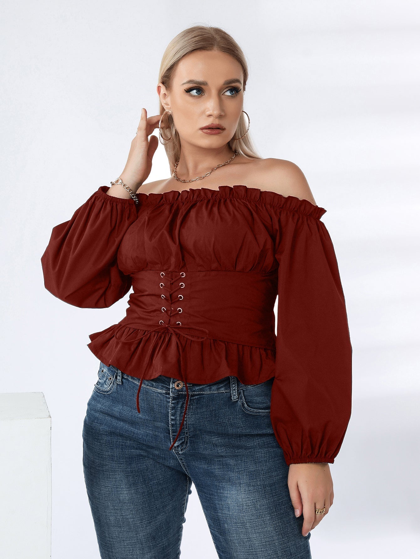 Plus Off Shoulder Lace Up Ruffle Hem Peplum Blouse - Fashionpara