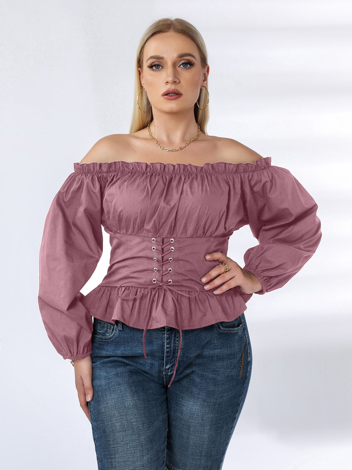 KittenAlarm - Plus Off Shoulder Lace Up Ruffle Hem Peplum Blouse