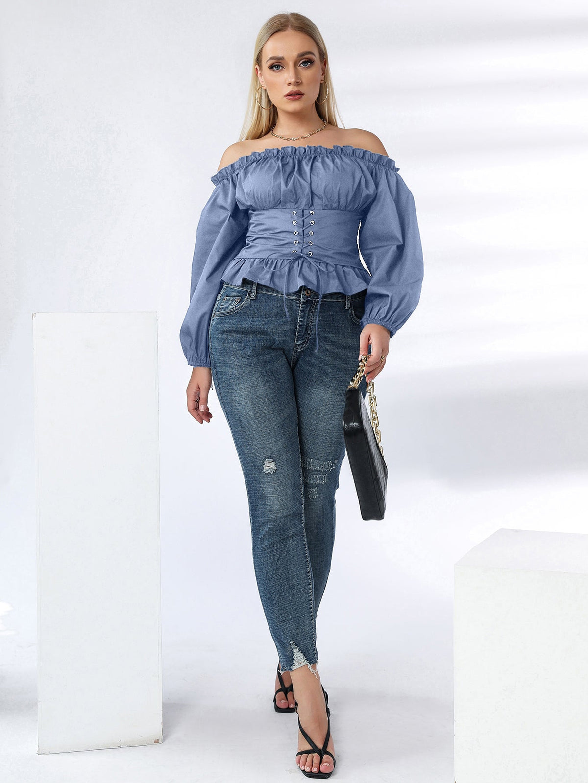 KittenAlarm - Plus Off Shoulder Lace Up Ruffle Hem Peplum Blouse