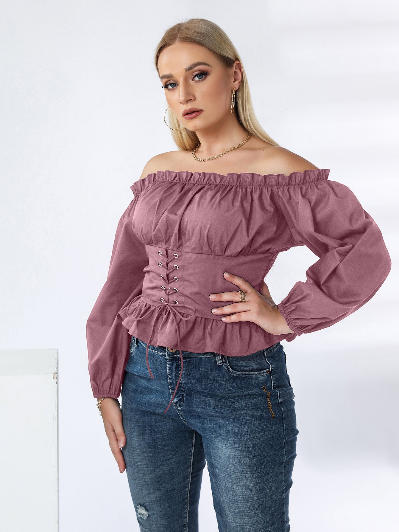 Plus Off Shoulder Lace Up Ruffle Hem Peplum Blouse - Fashionpara