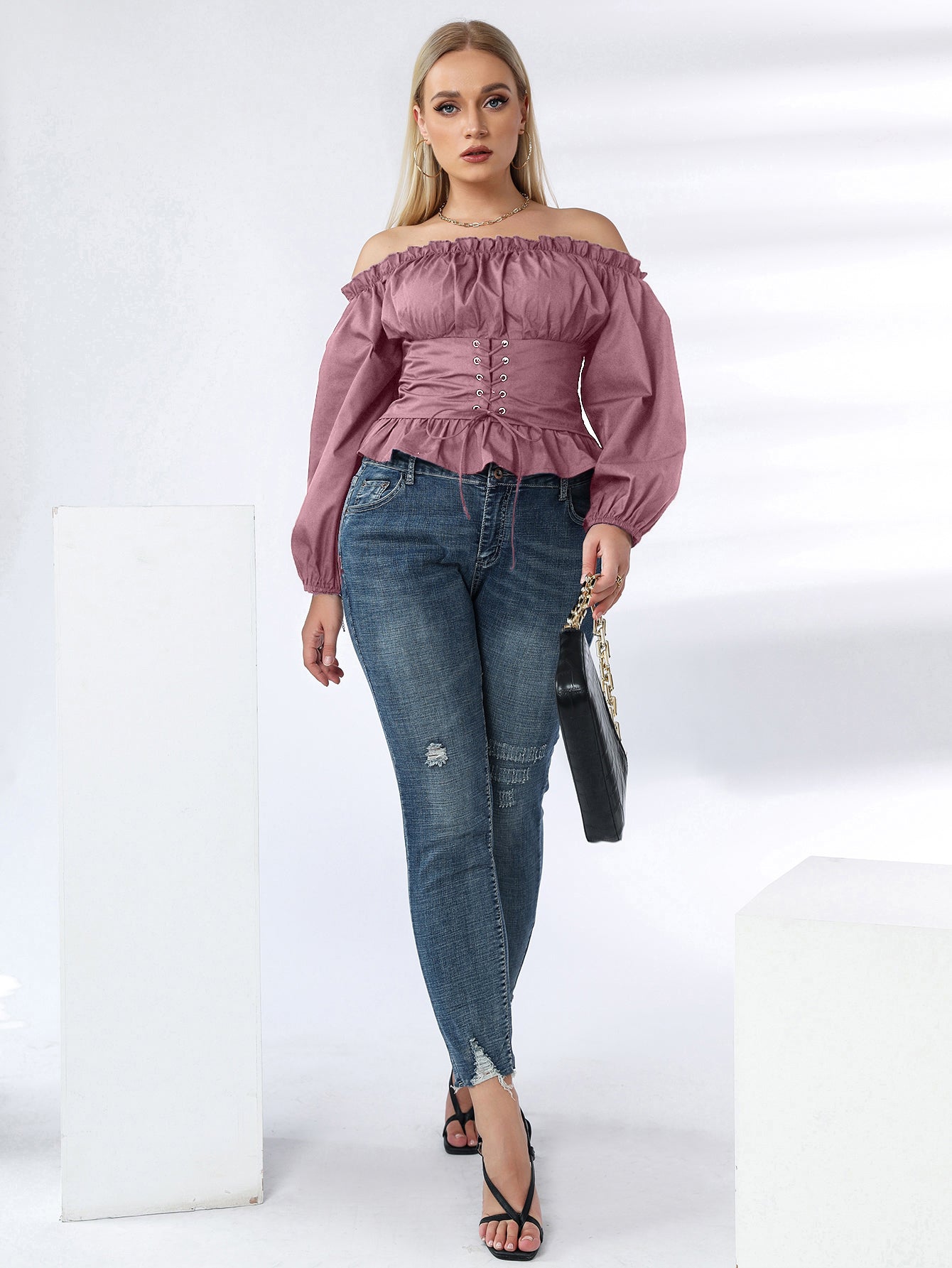 Plus Off Shoulder Lace Up Ruffle Hem Peplum Blouse - Fashionpara