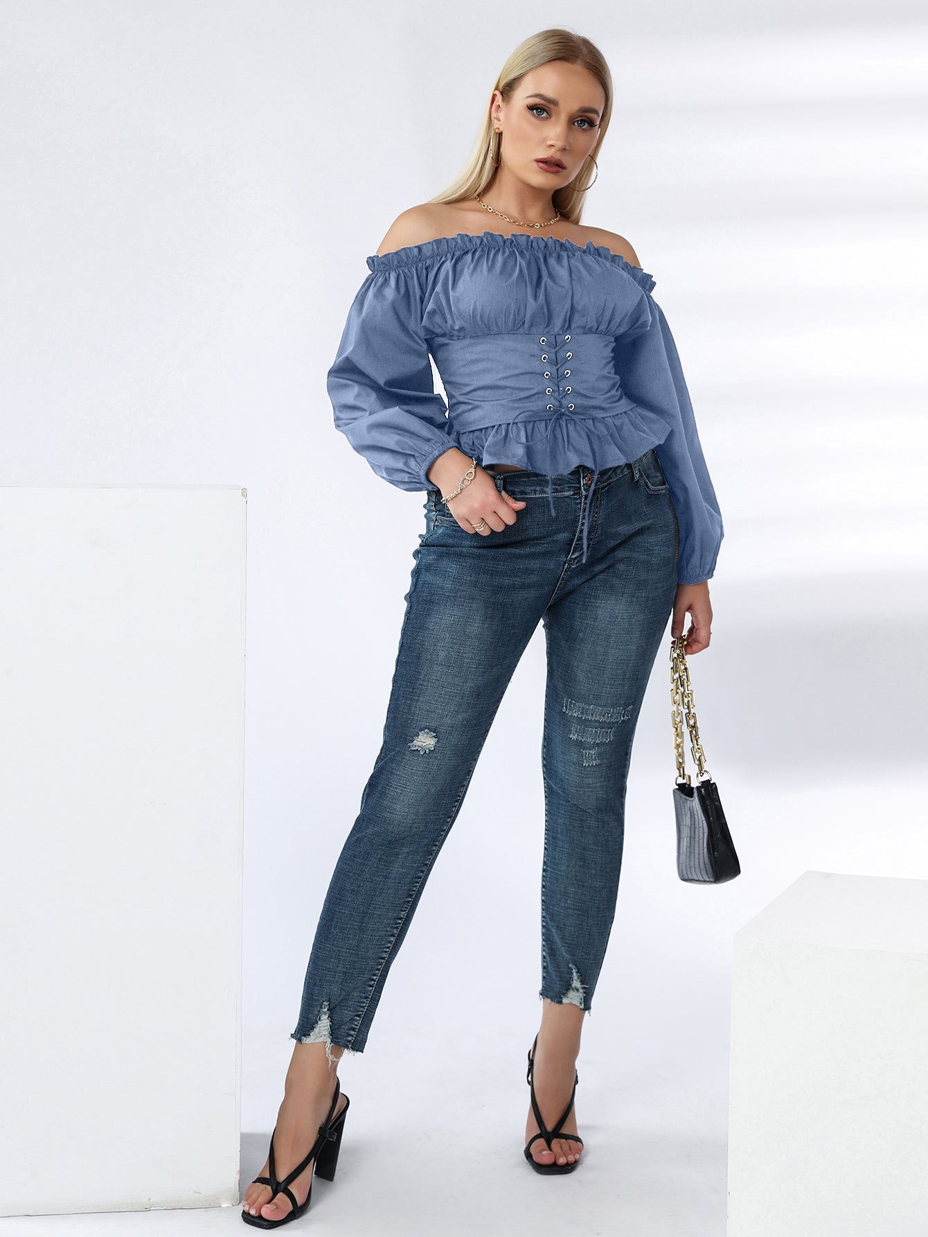 Plus Off Shoulder Lace Up Ruffle Hem Peplum Blouse - Fashionpara