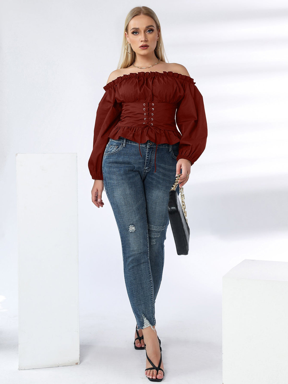KittenAlarm - Plus Off Shoulder Lace Up Ruffle Hem Peplum Blouse
