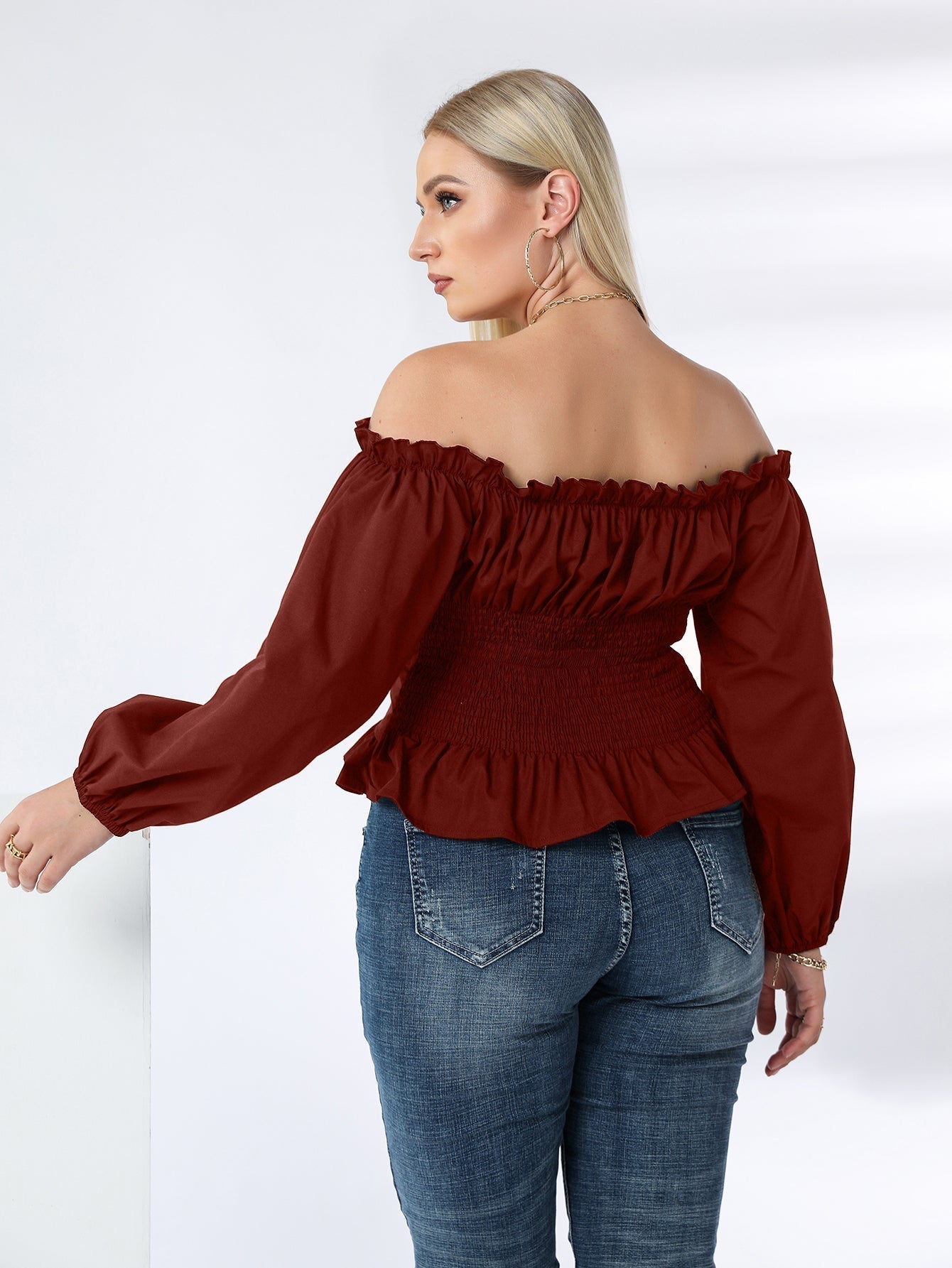 Plus Off Shoulder Lace Up Ruffle Hem Peplum Blouse - Fashionpara