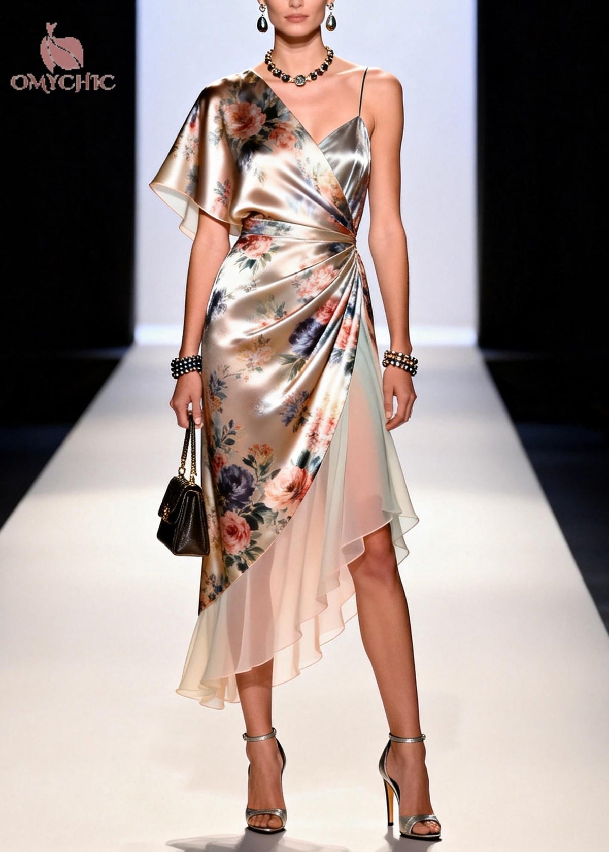 Floral One Shoulder Flutter Sleeve Ruched Wrap Satin Midi Dress