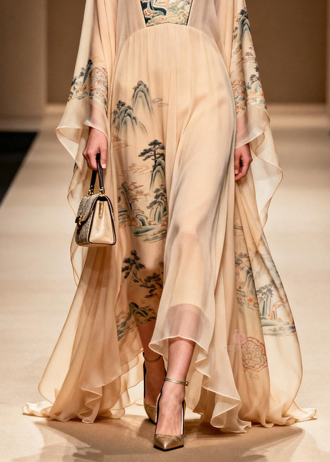 Oriental Landscape Print Deep V-Neck Butterfly Sleeve Maxi Gown - View 4