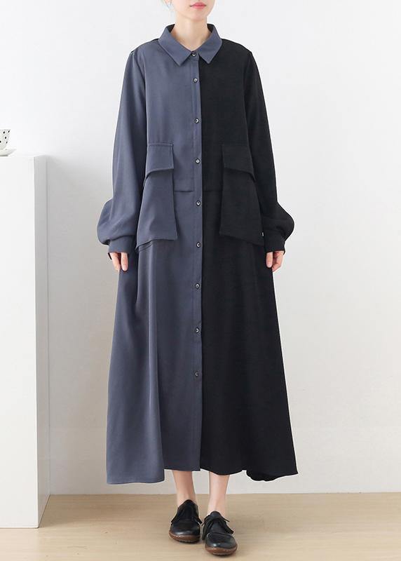 Long Sleeve Button Down Split Panel Flap Pocket Shirt Maxi Dress