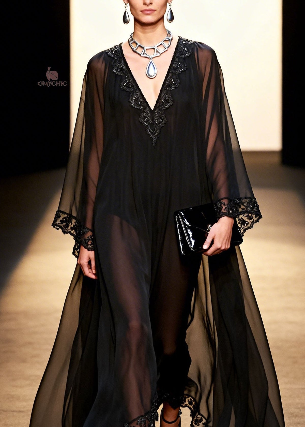 Deep V-Neck Bell Sleeve Lace Trim Sheer Chiffon Maxi Dress - View 2