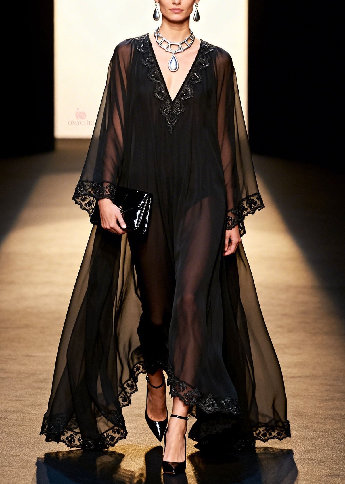 Deep V-Neck Bell Sleeve Lace Trim Sheer Chiffon Maxi Dress - View 3