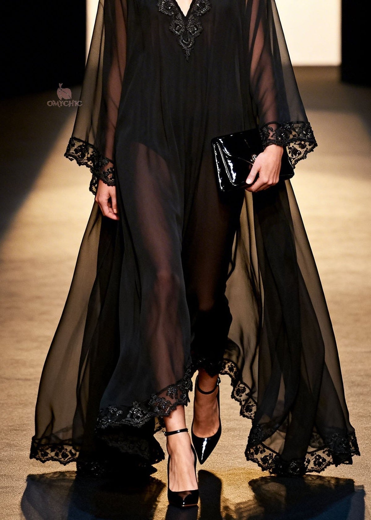 Deep V-Neck Bell Sleeve Lace Trim Sheer Chiffon Maxi Dress - View 4