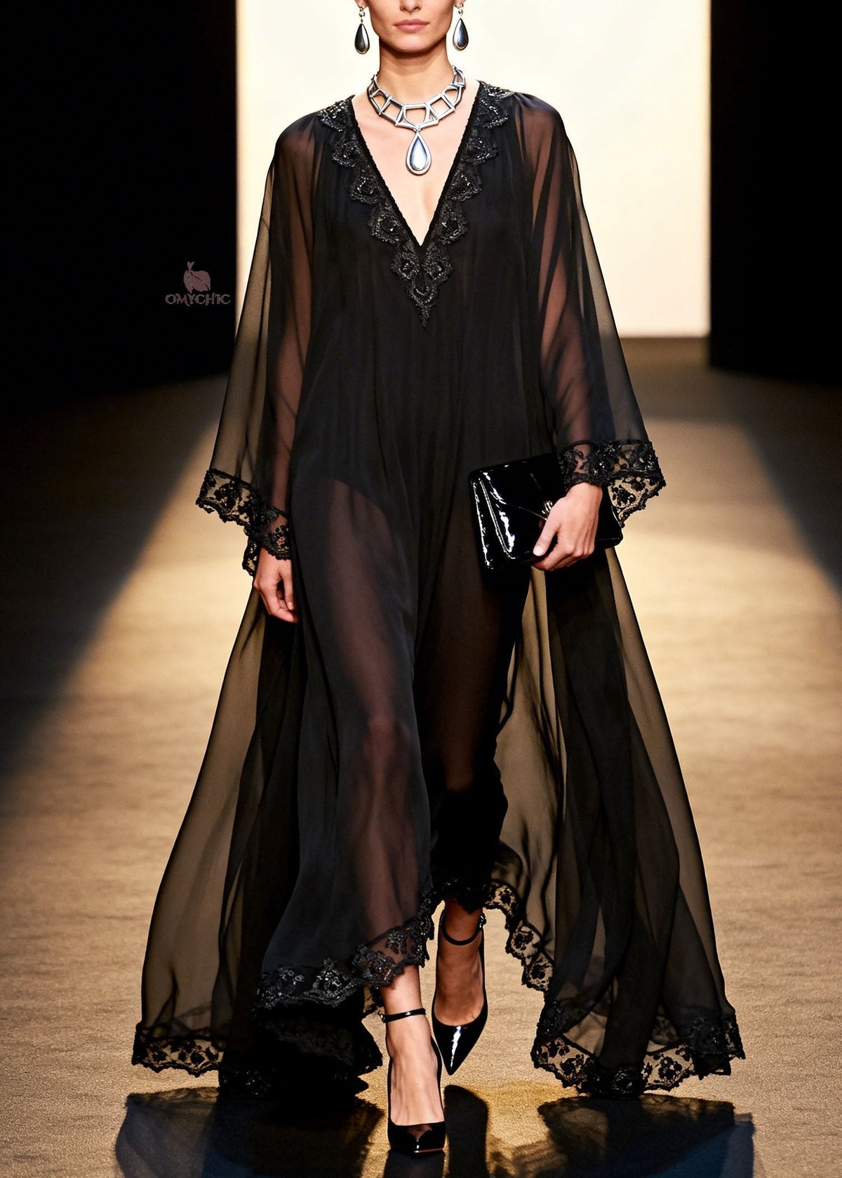 Deep V-Neck Bell Sleeve Lace Trim Sheer Chiffon Maxi Dress - View 5