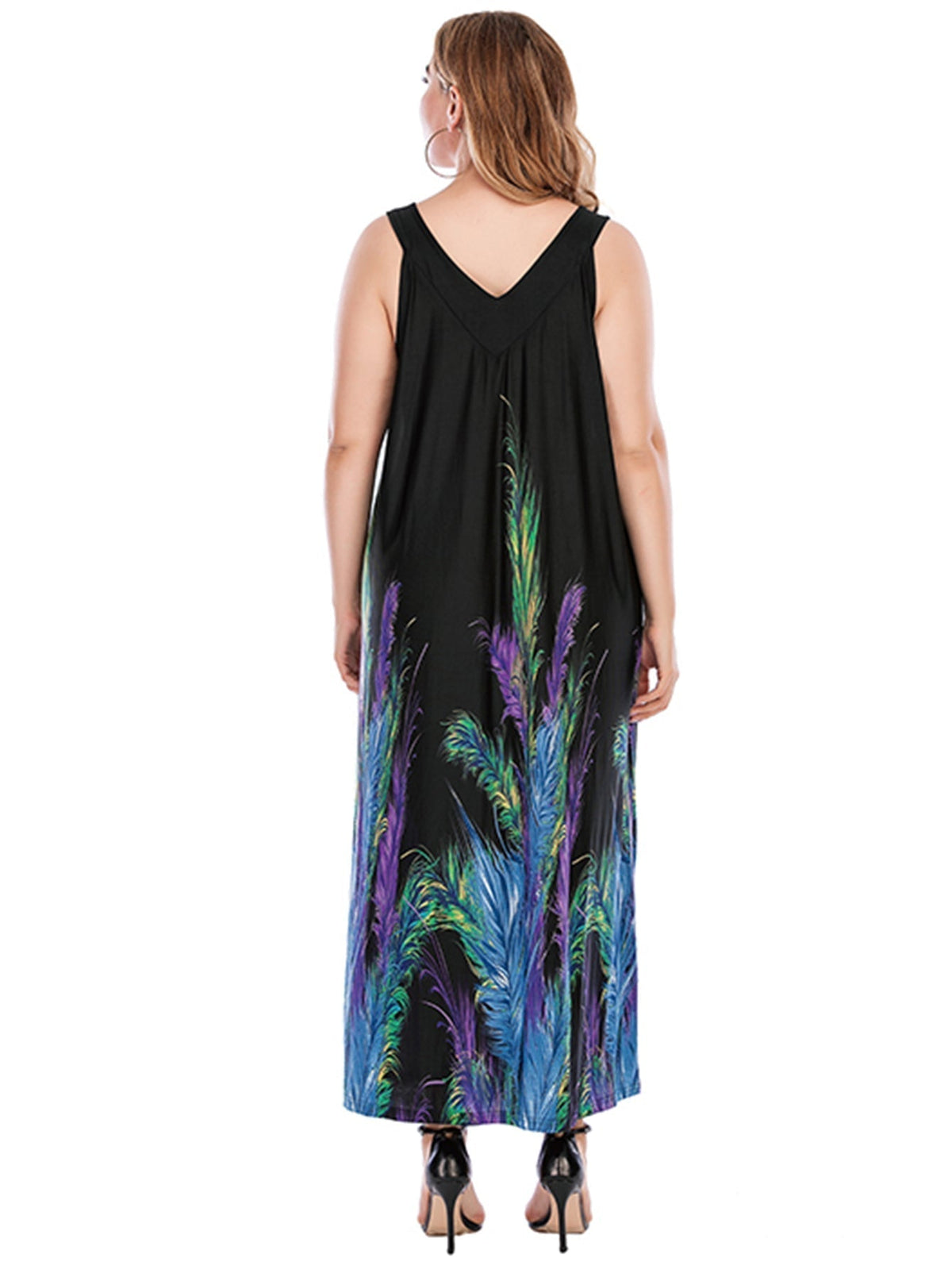 KittenAlarm - Plus Size Black with Feather Print V-neck Dress