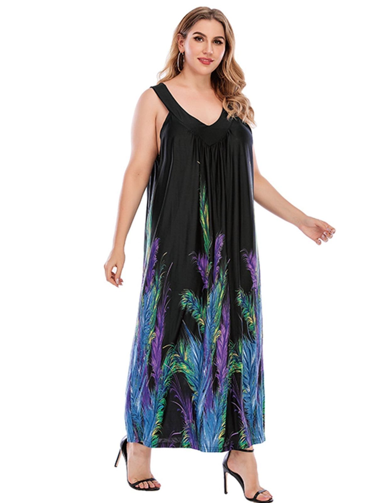 KittenAlarm - Plus Size Black with Feather Print V-neck Dress