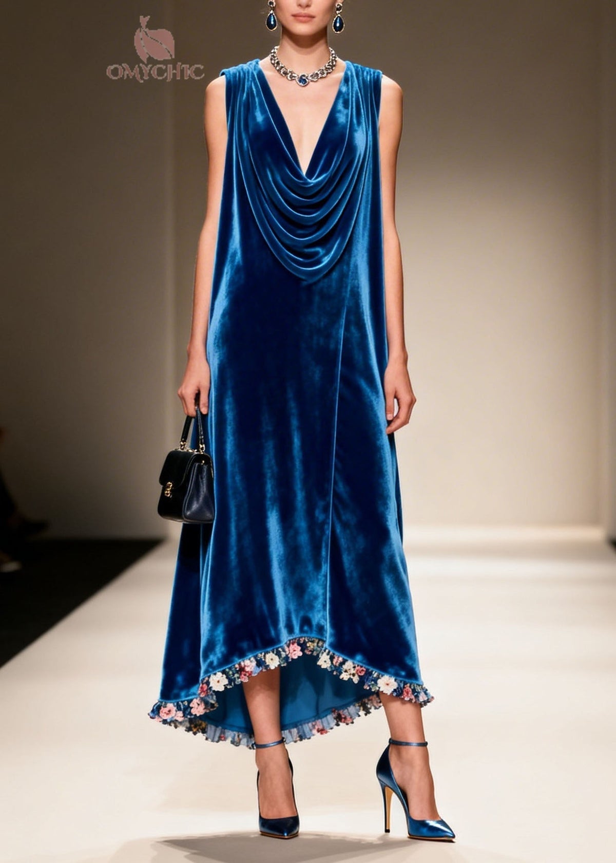Velvet Cowl Neck Sleeveless Floral Ruffle Trim High Low Maxi Dress - View 3