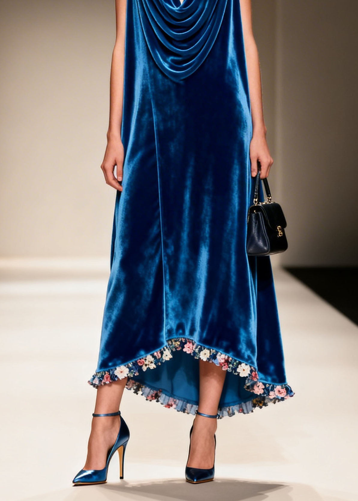 Velvet Cowl Neck Sleeveless Floral Ruffle Trim High Low Maxi Dress - View 4