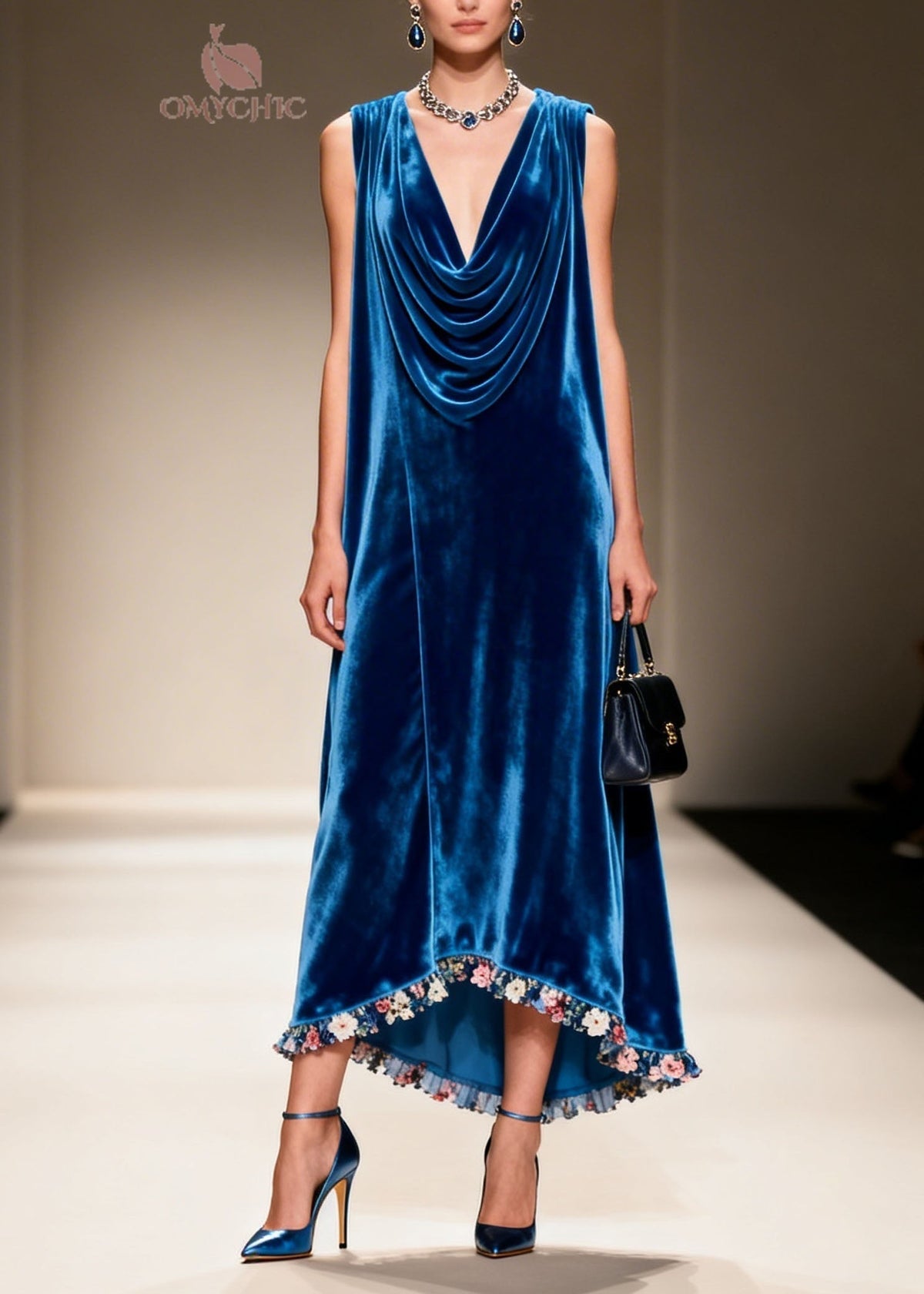 Velvet Cowl Neck Sleeveless Floral Ruffle Trim High Low Maxi Dress - View 5