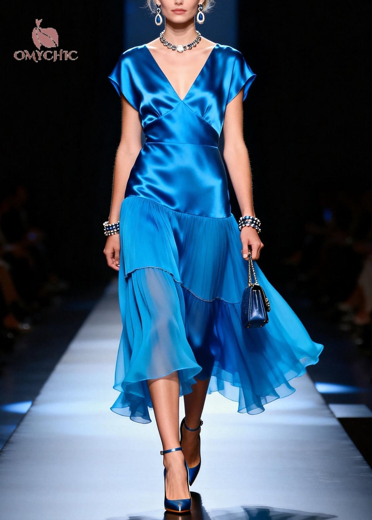 Satin Deep V-Neck Cap Sleeve Tiered Pleated Sheer Hem Midi Dress - View 3
