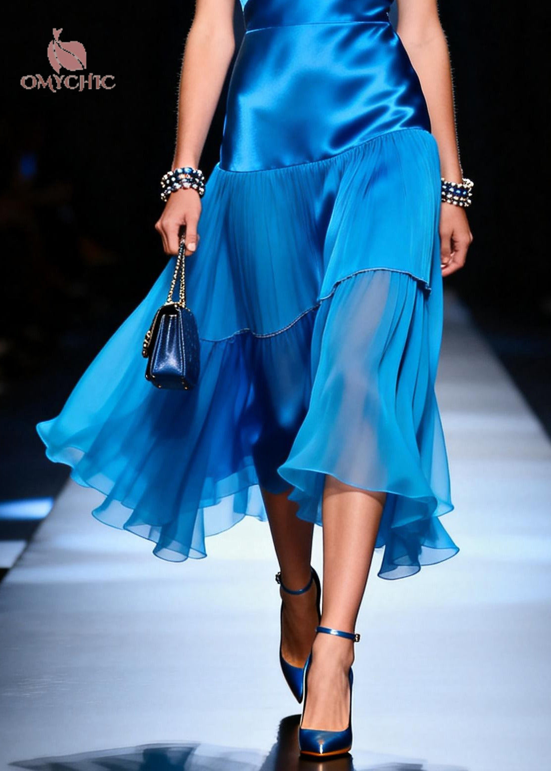 Satin Deep V-Neck Cap Sleeve Tiered Pleated Sheer Hem Midi Dress - View 4