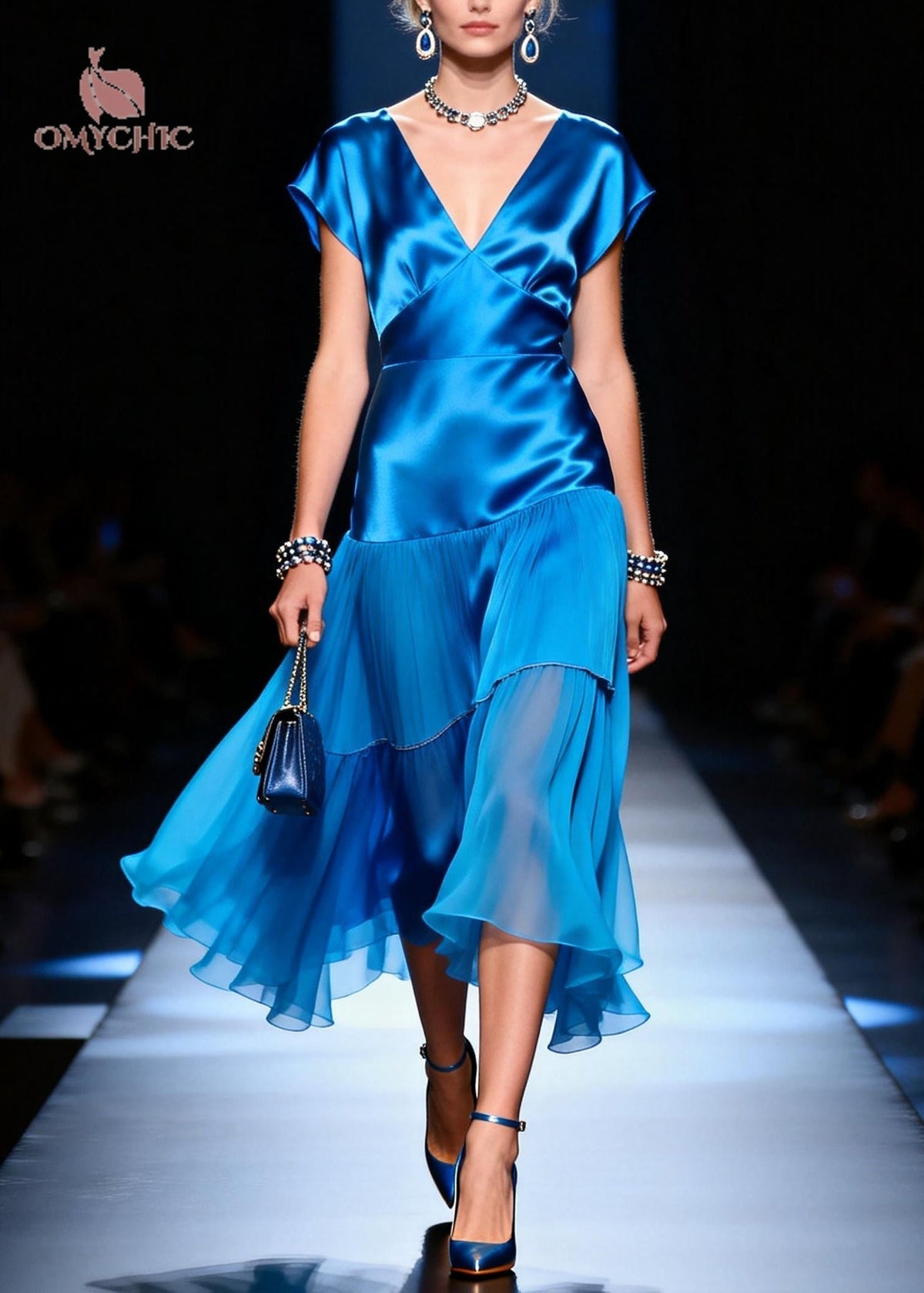Satin Deep V-Neck Cap Sleeve Tiered Pleated Sheer Hem Midi Dress - View 5