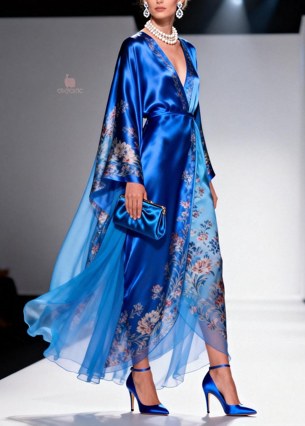 Floral Print Wrap Deep V-Neck Kimono Sleeve Sheer Layered Maxi Gown
