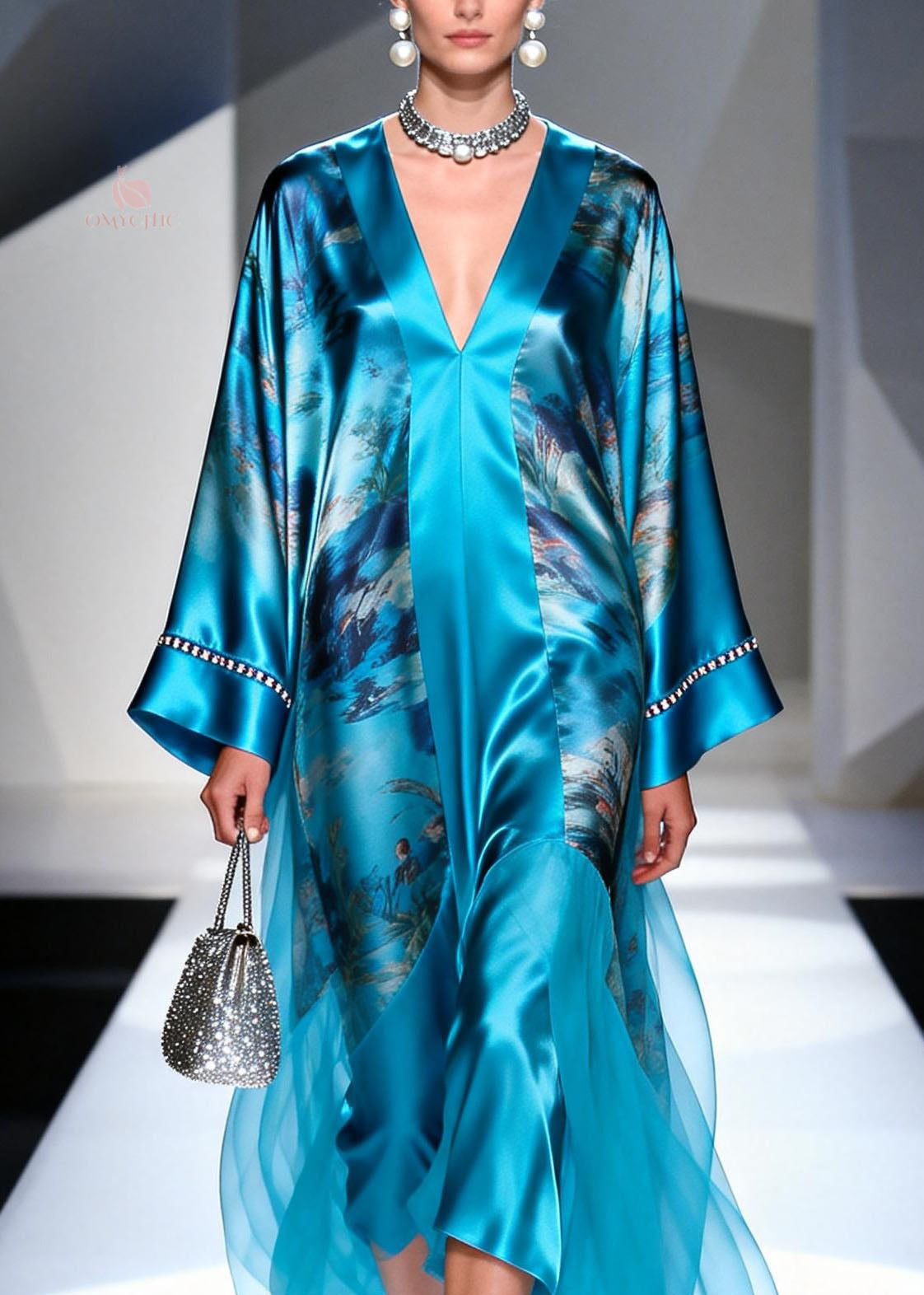 Satin Abstract Landscape Print Deep V-Neck Bell Sleeve Maxi Gown - View 2