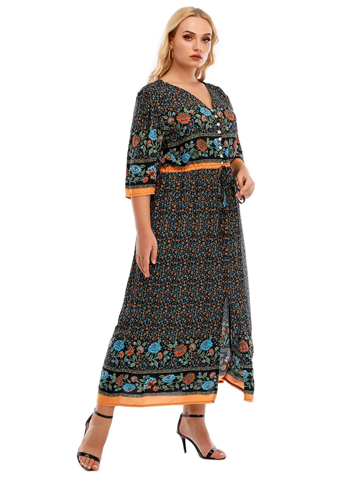 Bohemian Print V-Neck Button Front Maxi Dress