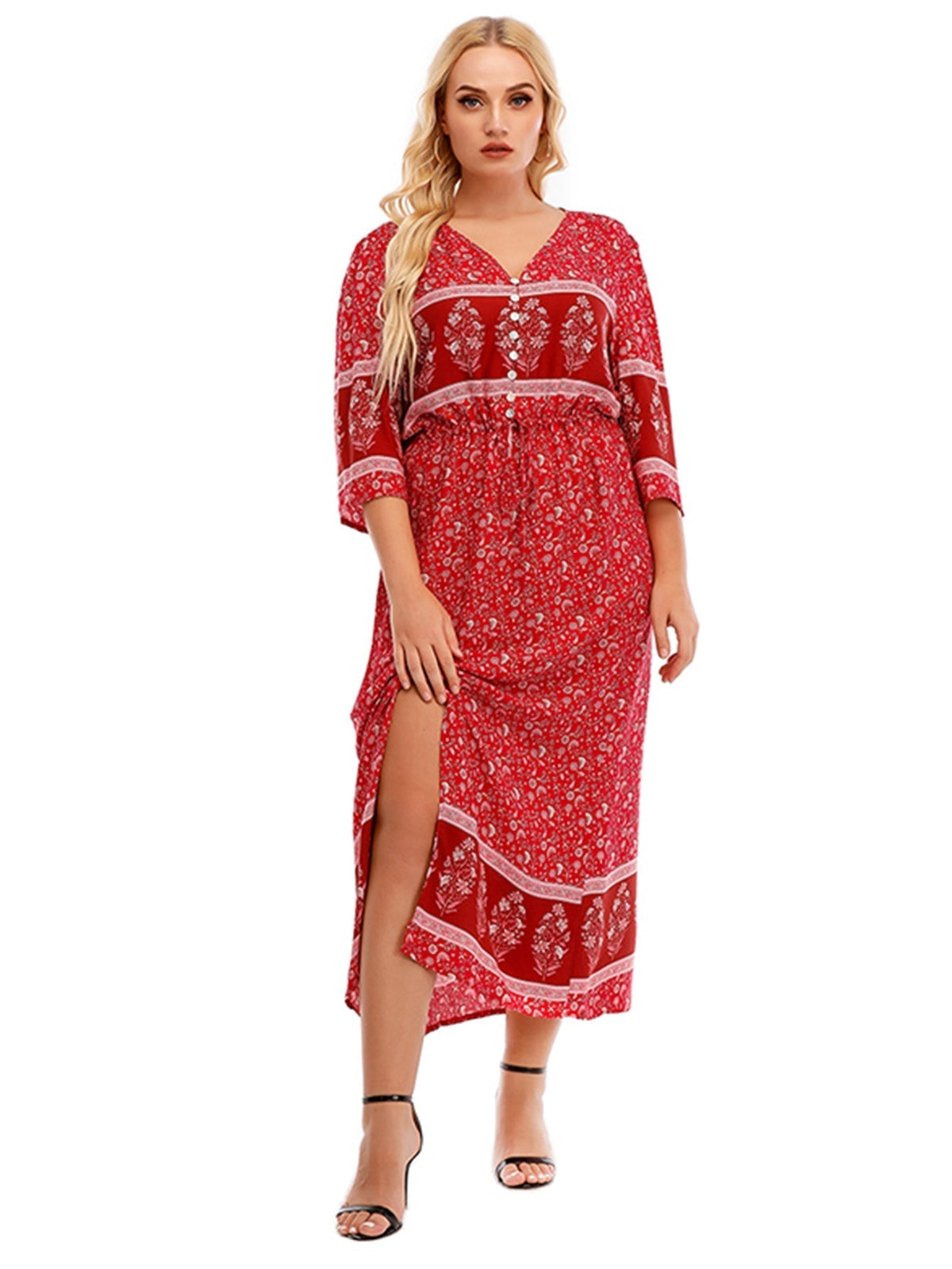 Bohemian Print V-Neck Button Front Maxi Dress