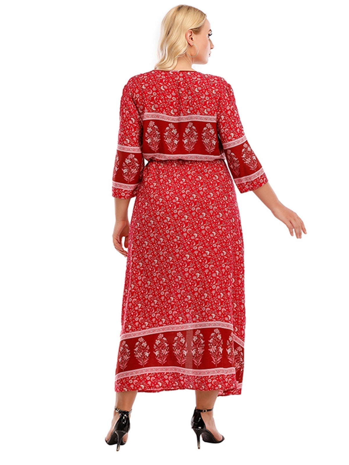 Bohemian Print V-Neck Button Front Maxi Dress