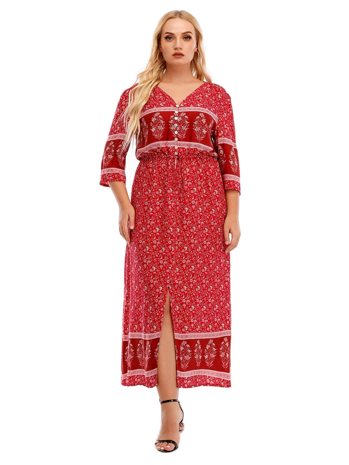 Bohemian Print V-Neck Button Front Maxi Dress