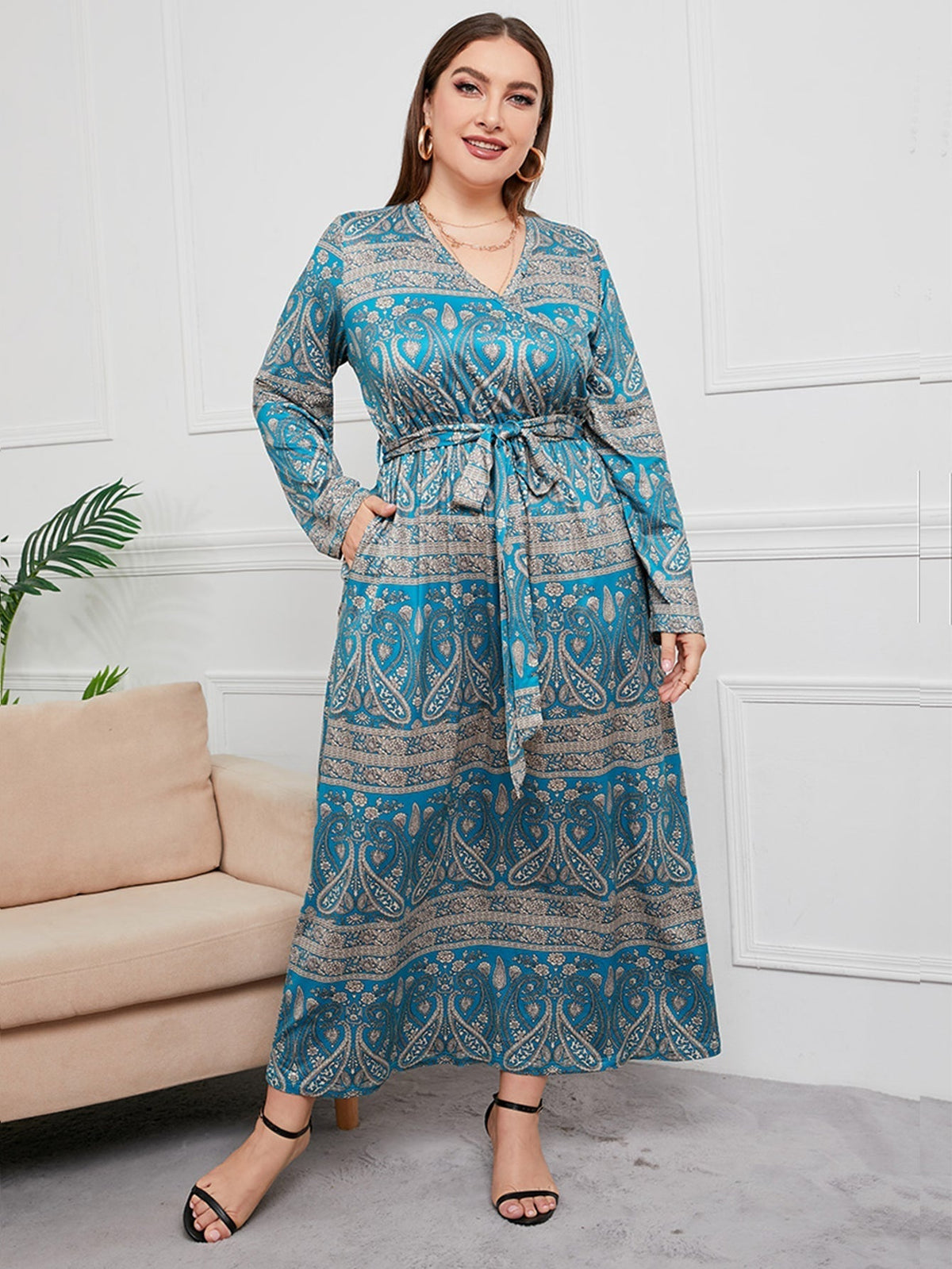 Paisley Print V-Neck Long Sleeve Belted Maxi Dress