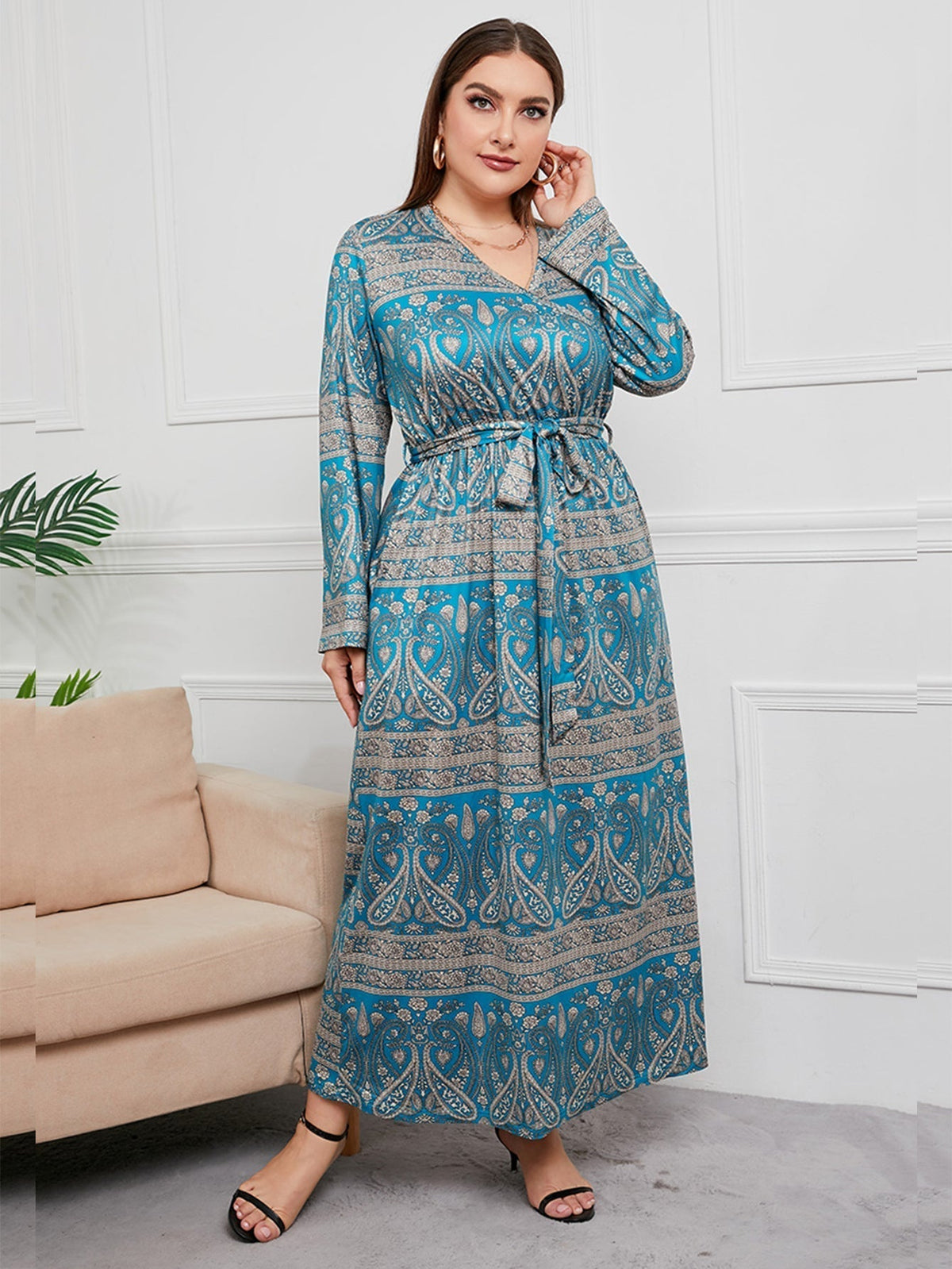 Paisley Print V-Neck Long Sleeve Belted Maxi Dress