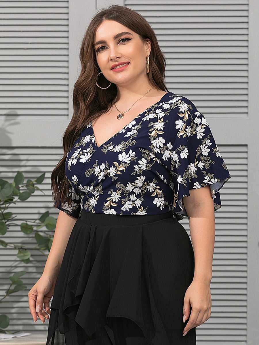 Plus Size Fashion Women V Neck Flower Printing Backless Blouse Shirt - Fashionpara